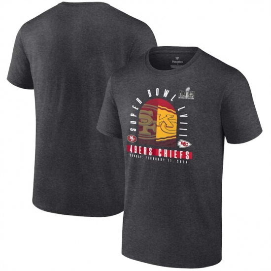 Men Heather Charcoal San Francisco 49ers Vs Kansas City Chiefs Super Bowl LVIII Matchup Final Battle T Shirts Men Heather Charcoal San Francisco 49ers Vs Kansas City Chiefs Super Bowl LVIII Matchup Final Battle T Shirts