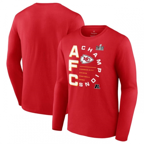 Men Kansas City Chiefs Red 2023 AFC Champions Right Side Draw Long Sleeve T Shirt Men Kansas City Chiefs Red 2023 AFC Champions Right Side Draw Long Sleeve T Shirt