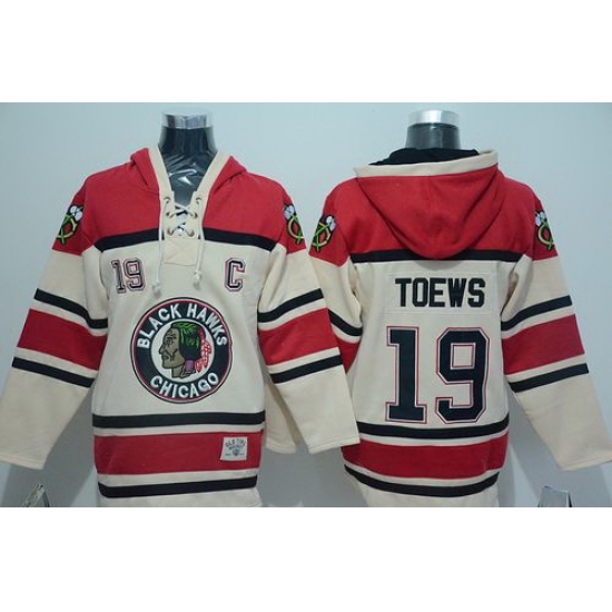 Men Chicago Blackhawks 19 Jonathan Toews Cream Sawyer Hooded Sweatshirt Stitched NHL Jersey Men Chicago Blackhawks 19 Jonathan Toews Cream Sawyer Hooded Sweatshirt Stitched NHL Jersey