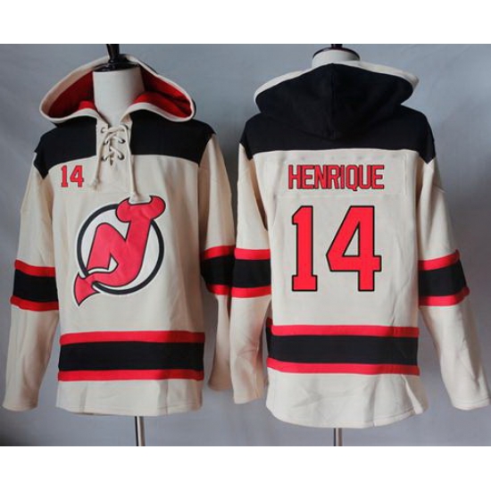 Men New Jersey Devils 14 Adam Henrique Cream Sawyer Hooded Sweatshirt Stitched NHL Jersey Men New Jersey Devils 14 Adam Henrique Cream Sawyer Hooded Sweatshirt Stitched NHL Jersey