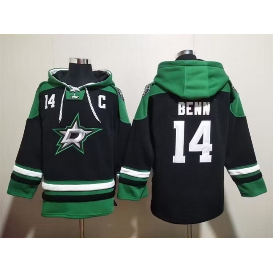 Men Dallas Stars 14 Jamie Benn Black Green Lace Up Pullover Hoodie Men Dallas Stars 14 Jamie Benn Black Green Lace Up Pullover Hoodie