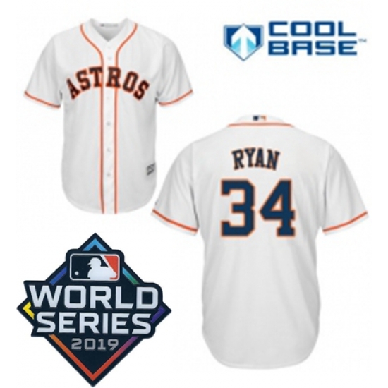 Mens Majestic Houston Astros 34 Nolan Ryan Replica White Home Cool Base Sitched 2019 World Series Patch Jersey