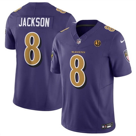 Men Baltimore Ravens 8 Lamar Jackson Purple 2023 F U S E With John Madden Patch Color Rush Limited Stitched Football Jersey Men Baltimore Ravens 8 Lamar Jackson Purple 2023 F U S E With John Madden Patch Color Rush Limited Stitched Football Jersey