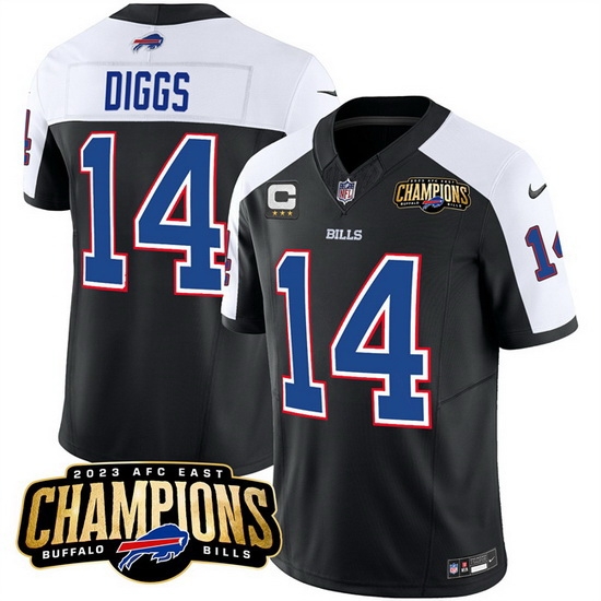 Men Buffalo Bills 14 Stefon Diggs Black White 2023 F U S E AFC East Champions With 3 Star C Ptach Stitched Football Jersey Men Buffalo Bills 14 Stefon Diggs Black White 2023 F U S E AFC East Champions With 3 Star C Ptach Stitched Football Jersey