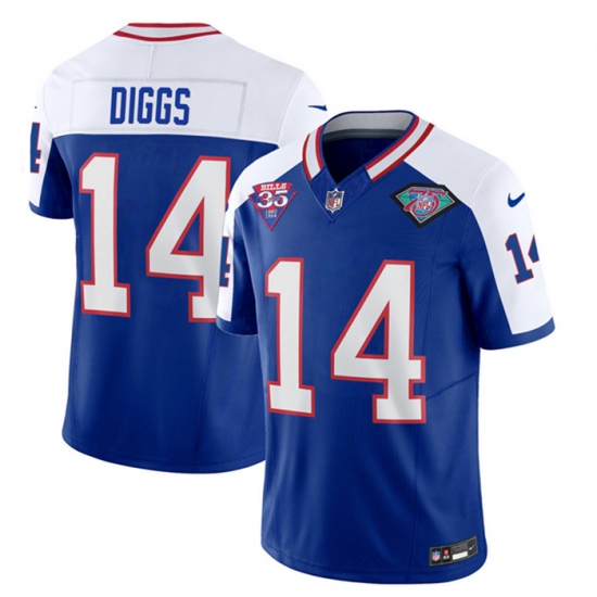 Men Buffalo Bills 14 Stefon Diggs Blue White 35th And 75th Patch 2023 F U S E Throwback Vapor Untouchable Limited Stitched Jersey Men Buffalo Bills 14 Stefon Diggs Blue White 35th And 75th Patch 2023 F U S E Throwback Vapor Untouchable Limited Stitched Jersey