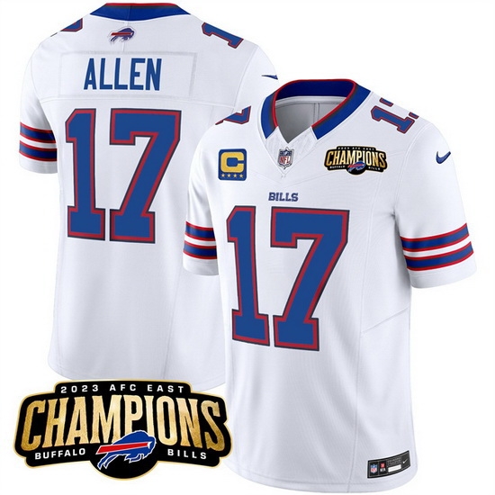 Men Buffalo Bills 17 Josh Allen White 2023 F U S E AFC East Champions With 4 Star C Ptach Stitched Football Jersey Men Buffalo Bills 17 Josh Allen White 2023 F U S E AFC East Champions With 4 Star C Ptach Stitched Football Jersey