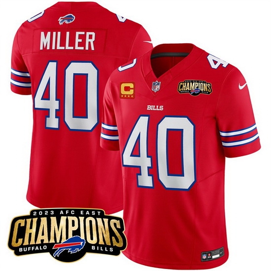 Men Buffalo Bills 40 Von Miller Red 2023 F U S E AFC East Champions With 4 Star C Ptach Stitched Football Jersey Men Buffalo Bills 40 Von Miller Red 2023 F U S E AFC East Champions With 4 Star C Ptach Stitched Football Jersey