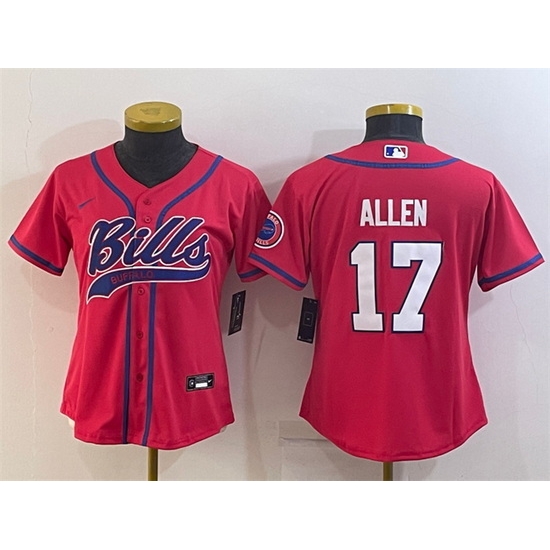 Women Buffalo Bills 17 Josh Allen Red With Patch Cool Base Stitched Baseball Jersey Women Buffalo Bills 17 Josh Allen Red With Patch Cool Base Stitched Baseball Jersey