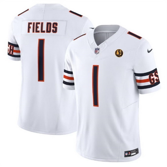 Men Chicago Bears 1 Justin Fields White 2023 F U S E With John Madden Patch Vapor Limited Stitched Football Jersey Men Chicago Bears 1 Justin Fields White 2023 F U S E With John Madden Patch Vapor Limited Stitched Football Jersey
