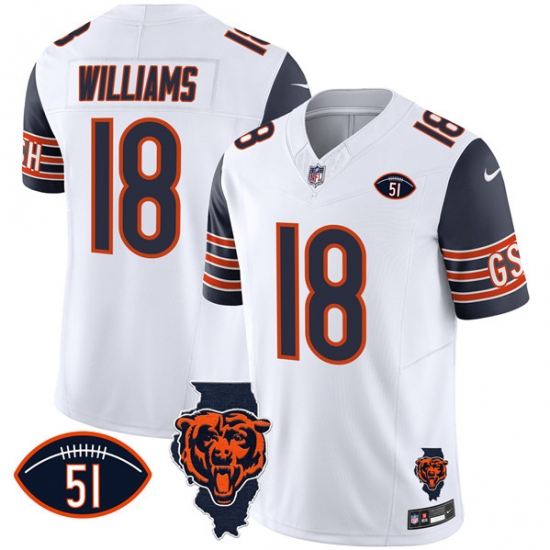 Men Chicago Bears 18 Caleb Williams White Navy F U S E With Illinois And No 51 Patch Stitched Football Jersey Men Chicago Bears 18 Caleb Williams White Navy F U S E With Illinois And No 51 Patch Stitched Football Jersey