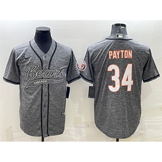 Men Chicago Bears 34 Walter Payton Grey With Patch Cool Base Stitched Baseball Jersey Men Chicago Bears 34 Walter Payton Grey With Patch Cool Base Stitched Baseball Jersey