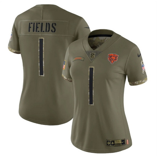 Women Chicago Bears 1 Justin Fields 2022 Olive Salute To Service Limited Stitched Jersey Women Chicago Bears 1 Justin Fields 2022 Olive Salute To Service Limited Stitched Jersey