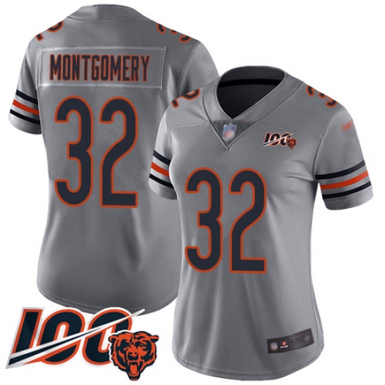 Women Chicago Bears 32 David Montgomery Limited Silver Inverted Legend 100th Season Football Jersey Women Chicago Bears 32 David Montgomery Limited Silver Inverted Legend 100th Season Football Jersey