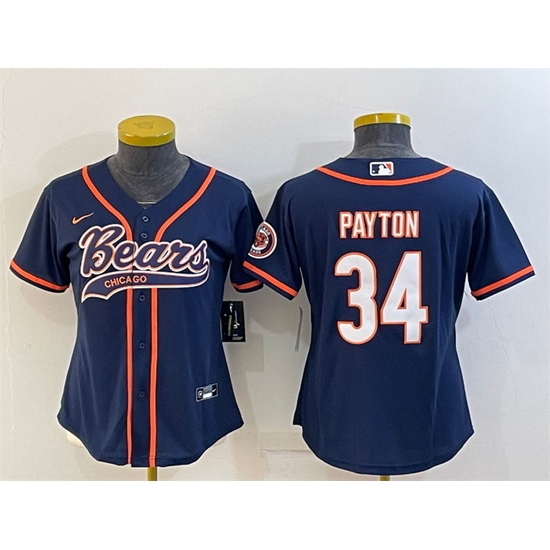 Women Chicago Bears 34 Walter Payton Navy With Patch Cool Base Stitched Baseball Jersey Women Chicago Bears 34 Walter Payton Navy With Patch Cool Base Stitched Baseball Jersey