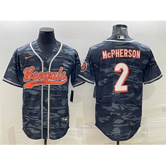 Men Cincinnati Bengals 2 Evan McPherson Grey Camo With Patch Cool Base Stitched Baseball Jersey Men Cincinnati Bengals 2 Evan McPherson Grey Camo With Patch Cool Base Stitched Baseball Jersey