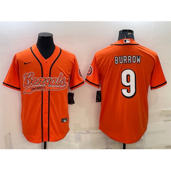 Men Cincinnati Bengals 9 Joe Burrow Orange With Patch Cool Base Stitched Baseball Jersey Men Cincinnati Bengals 9 Joe Burrow Orange With Patch Cool Base Stitched Baseball Jersey