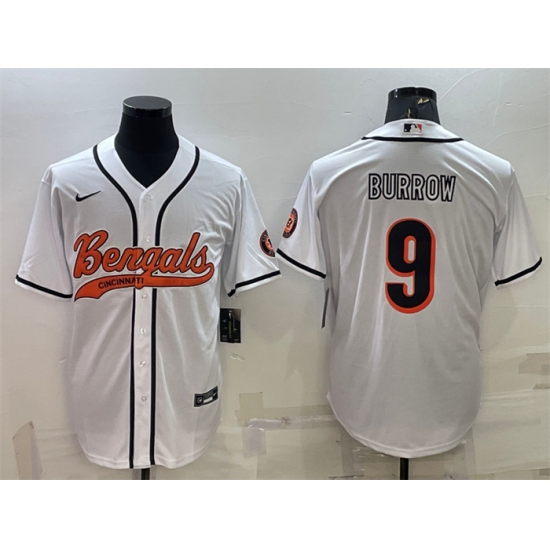 Men Cincinnati Bengals 9 Joe Burrow White With Patch Cool Base Stitched Baseball Jersey Men Cincinnati Bengals 9 Joe Burrow White With Patch Cool Base Stitched Baseball Jersey