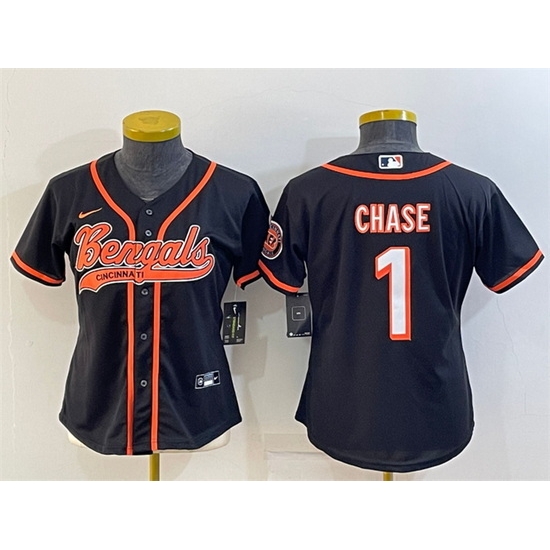 Women Cincinnati Bengals 1 Ja 27Marr Chase Black With Patch Cool Base Stitched Baseball Jersey Women Cincinnati Bengals 1 Ja 27Marr Chase Black With Patch Cool Base Stitched Baseball Jersey