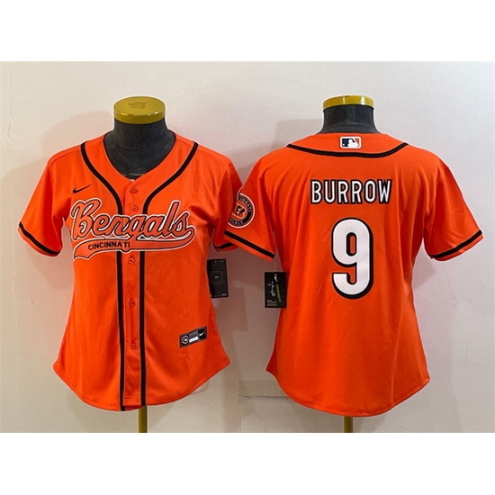 Women Cincinnati Bengals 9 Joe Burrow Orange With Patch Cool Base Stitched Baseball Jersey Women Cincinnati Bengals 9 Joe Burrow Orange With Patch Cool Base Stitched Baseball Jersey