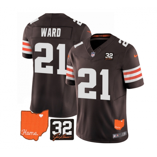 Men Cleveland Browns 21 Denzel Ward Brown 2023 F U S E With Jim Brown Memorial Patch Vapor Untouchable Limited Stitched Jersey Men Cleveland Browns 21 Denzel Ward Brown 2023 F U S E With Jim Brown Memorial Patch Vapor Untouchable Limited Stitched Jersey