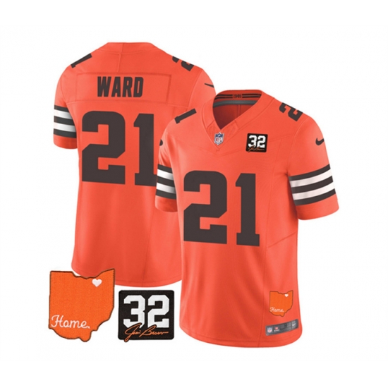 Men Cleveland Browns 21 Denzel Ward Orange 2023 F U S E With Jim Brown Memorial Patch Vapor Untouchable Limited Stitched Jersey Men Cleveland Browns 21 Denzel Ward Orange 2023 F U S E With Jim Brown Memorial Patch Vapor Untouchable Limited Stitched Jersey