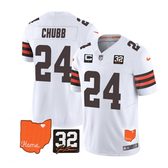 Men Cleveland Browns 24 Nick Chubb White 2023 F U S E With Jim Brown Memorial Patch And 1 Star C Patch Vapor Untouchable Limited Stitched Jersey Men Cleveland Browns 24 Nick Chubb White 2023 F U S E With Jim Brown Memorial Patch And 1 Star C Patch Vapor Untouchable Limited Stitched Jersey