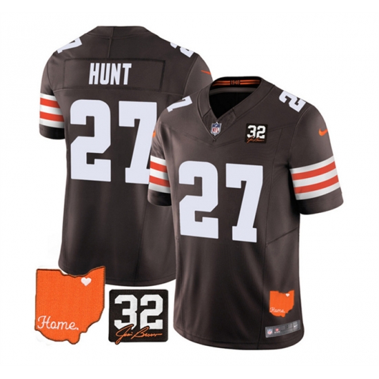 Men Cleveland Browns 27 Kareem Hunt Brown 2023 F U S E With Jim Brown Memorial Patch Vapor Untouchable Limited Stitched Jersey Men Cleveland Browns 27 Kareem Hunt Brown 2023 F U S E With Jim Brown Memorial Patch Vapor Untouchable Limited Stitched Jersey