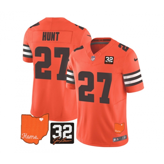 Men Cleveland Browns 27 Kareem Hunt Orange 2023 F U S E With Jim Brown Memorial Patch Vapor Untouchable Limited Stitched Jersey Men Cleveland Browns 27 Kareem Hunt Orange 2023 F U S E With Jim Brown Memorial Patch Vapor Untouchable Limited Stitched Jersey