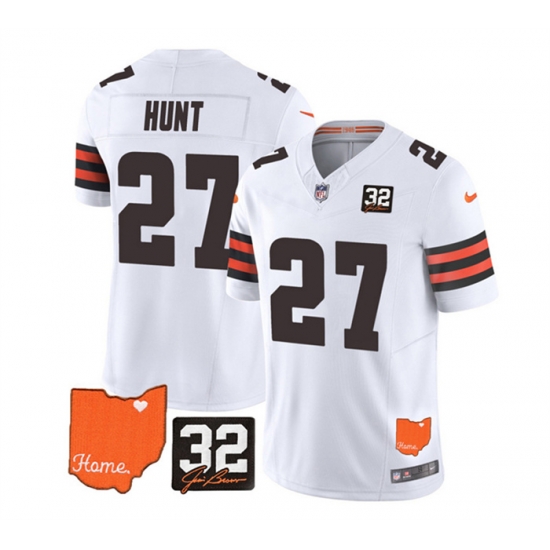 Men Cleveland Browns 27 Kareem Hunt White 2023 F U S E With Jim Brown Memorial Patch Vapor Untouchable Limited Stitched Jersey Men Cleveland Browns 27 Kareem Hunt White 2023 F U S E With Jim Brown Memorial Patch Vapor Untouchable Limited Stitched Jersey
