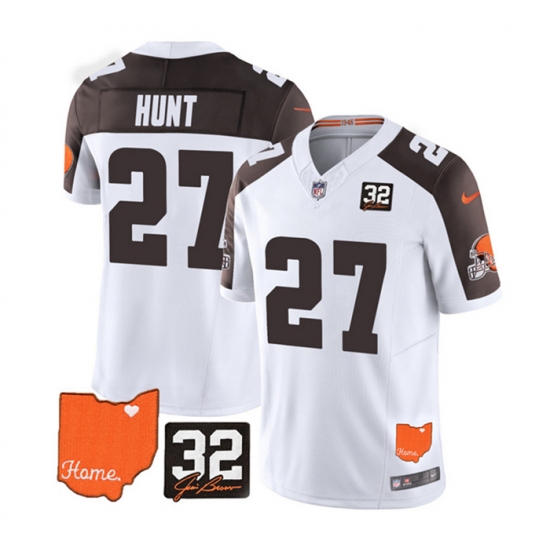Men Cleveland Browns 27 Kareem Hunt White Brown 2023 F U S E With Jim Brown Memorial Patch Vapor Untouchable Limited Stitched Jersey Men Cleveland Browns 27 Kareem Hunt White Brown 2023 F U S E With Jim Brown Memorial Patch Vapor Untouchable Limited Stitched Jersey
