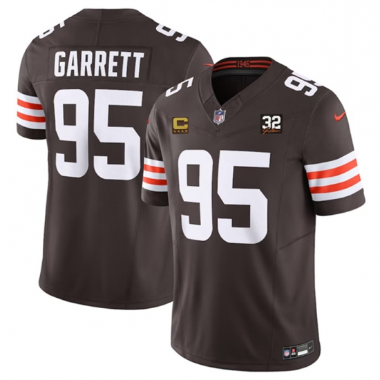 Men Cleveland Browns 95 Myles Garrett Brown 2023 F U S E With 4 Star C Patch And Jim Brown Memorial Patch Vapor Untouchable Limited Stitched Jersey Men Cleveland Browns 95 Myles Garrett Brown 2023 F U S E With 4 Star C Patch And Jim Brown Memorial Patch Vapor Untouchable Limited Stitched Jersey