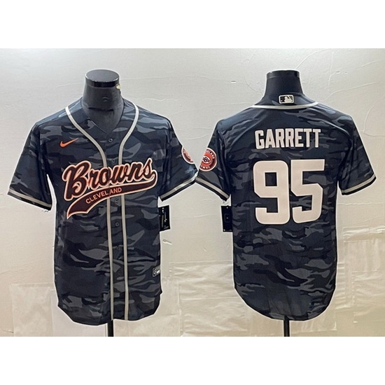 Men Cleveland Browns 95 Myles Garrett Grey Camo With Patch Cool Base Stitched Baseball Jersey Men Cleveland Browns 95 Myles Garrett Grey Camo With Patch Cool Base Stitched Baseball Jersey
