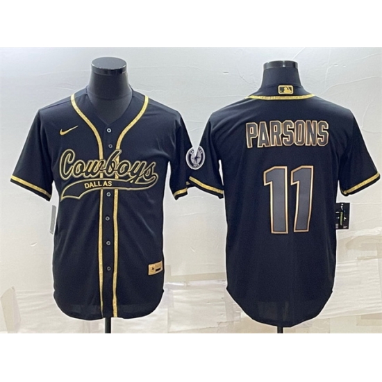 Men Dallas Cowboys 11 Micah Parsons Black Gold With Patch Cool Base Stitched Baseball Jersey Men Dallas Cowboys 11 Micah Parsons Black Gold With Patch Cool Base Stitched Baseball Jersey