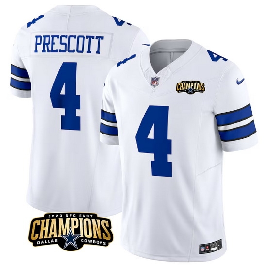Men Dallas Cowboys 4 Dak Prescott White 2023 F U S E NFC East Champions Patch Stitched Football Jersey Men Dallas Cowboys 4 Dak Prescott White 2023 F U S E NFC East Champions Patch Stitched Football Jersey