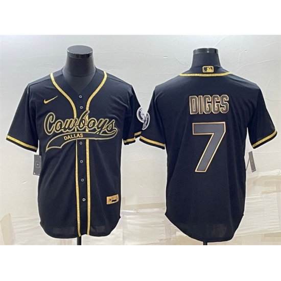 Men Dallas Cowboys 7 Trevon Diggs Black Gold With Patch Cool Base Stitched Baseball Jersey Men Dallas Cowboys 7 Trevon Diggs Black Gold With Patch Cool Base Stitched Baseball Jersey