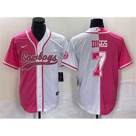 Men Dallas Cowboys 7 Trevon Diggs Pink White Split Cool Base Stitched Baseball Jersey Men Dallas Cowboys 7 Trevon Diggs Pink White Split Cool Base Stitched Baseball Jersey