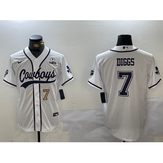 Men Dallas Cowboys 7 Trevon Diggs White With Patch Cool Base Stitched Baseball Jersey 1 Men Dallas Cowboys 7 Trevon Diggs White With Patch Cool Base Stitched Baseball Jersey 1