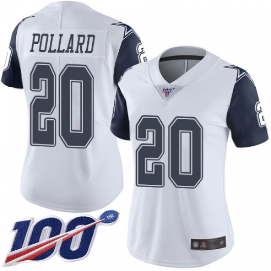 Women Cowboys 20 Tony Pollard White Stitched Football Limited Rush 100th Season Jersey Women Cowboys 20 Tony Pollard White Stitched Football Limited Rush 100th Season Jersey