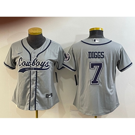 Women Dallas Cowboys 7 Trevon Diggs Grey With Patch Cool Base Stitched Baseball Jersey Women Dallas Cowboys 7 Trevon Diggs Grey With Patch Cool Base Stitched Baseball Jersey
