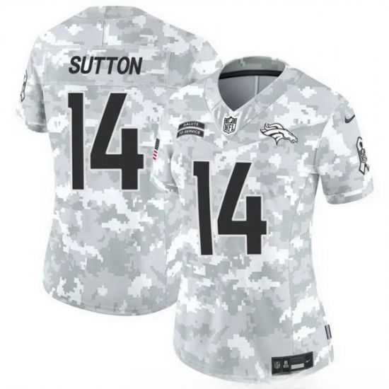 Women Denver Broncos 14 Courtland Sutton 2024 F U S E Arctic Camo Salute To Service Limited Stitched Jersey Women Denver Broncos 14 Courtland Sutton 2024 F U S E Arctic Camo Salute To Service Limited Stitched Jersey