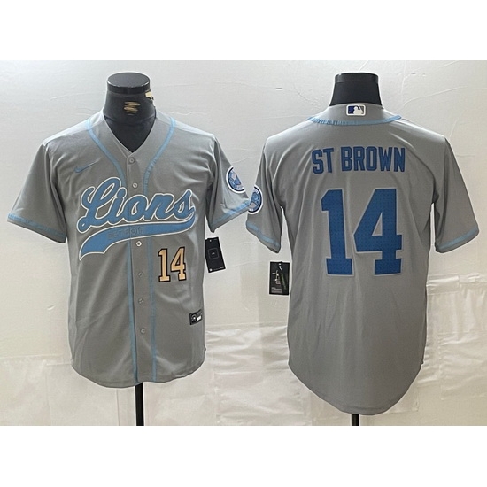 Men Detroit Lions 14 Amon Ra St Brown Grey Cool Base Stitched Baseball Jersey 2 Men Detroit Lions 14 Amon Ra St Brown Grey Cool Base Stitched Baseball Jersey 2