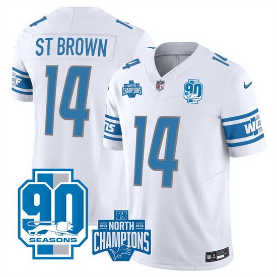 Men Detroit Lions 14 Amon Ra St Brown White 2023 F U S E 90th Anniversary NFC North Division Champions Vapor Untouchable Limited Stitched Jersey Men Detroit Lions 14 Amon Ra St Brown White 2023 F U S E 90th Anniversary NFC North Division Champions Vapor Untouchable Limited Stitched Jersey