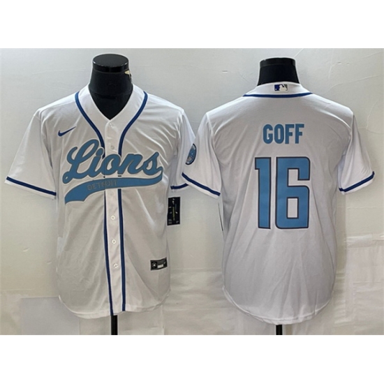 Men Detroit Lions 16 Jared Goff White Cool Base Stitched Baseball Jersey Men Detroit Lions 16 Jared Goff White Cool Base Stitched Baseball Jersey