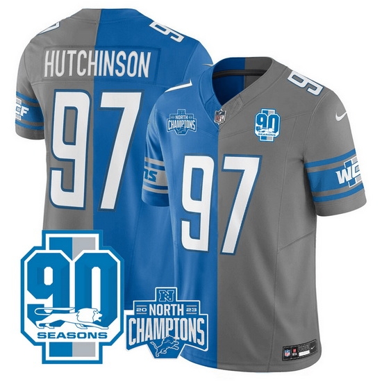Men Detroit Lions 97 Aidan Hutchinson Blue Grey Split 2023 F U S E 90th Anniversary NFC North Division Champions Vapor Untouchable Limited Stitched Jersey Men Detroit Lions 97 Aidan Hutchinson Blue Grey Split 2023 F U S E 90th Anniversary NFC North Division Champions Vapor Untouchable Limited Stitched Jersey