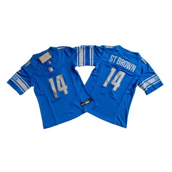 Women Detroit Lions 14 Amon Ra St Brown Blue 2023 F U S E Vapor Limited Stitched Football Jersey Women Detroit Lions 14 Amon Ra St Brown Blue 2023 F U S E Vapor Limited Stitched Football Jersey