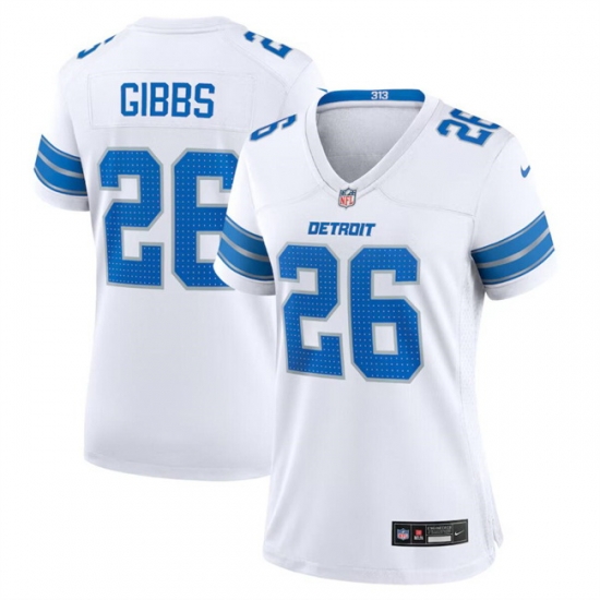 Women Detroit Lions 26 Jahmyr Gibbs White Stitched Jersey Women Detroit Lions 26 Jahmyr Gibbs White Stitched Jersey