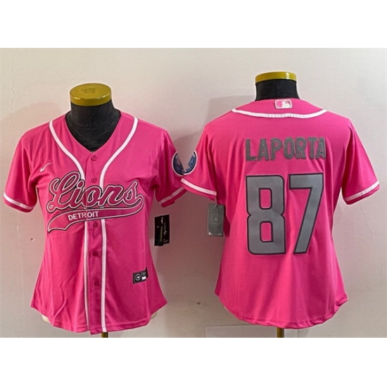 Women Detroit Lions 87 Sam LaPorta Pink With Patch Cool Base Stitched Baseball Jersey Women Detroit Lions 87 Sam LaPorta Pink With Patch Cool Base Stitched Baseball Jersey