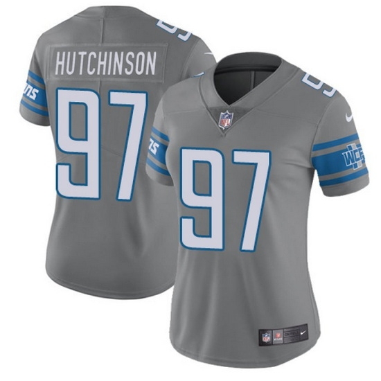 Women Detroit Lions 97 Aidan Hutchinson Grey Vapor Limited Stitched Football Jersey Women Detroit Lions 97 Aidan Hutchinson Grey Vapor Limited Stitched Football Jersey