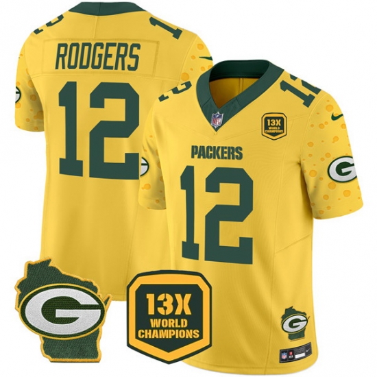 Men Green Bay Packers 12 Aaron Rodgers Cheese Gold 2024 F U S E 13 Time World Champions And Home Patch Vapor Untouchable Limited Stitched Football Jersey Men Green Bay Packers 12 Aaron Rodgers Cheese Gold 2024 F U S E 13 Time World Champions And Home Patch Vapor Untouchable Limited Stitched Football Jersey