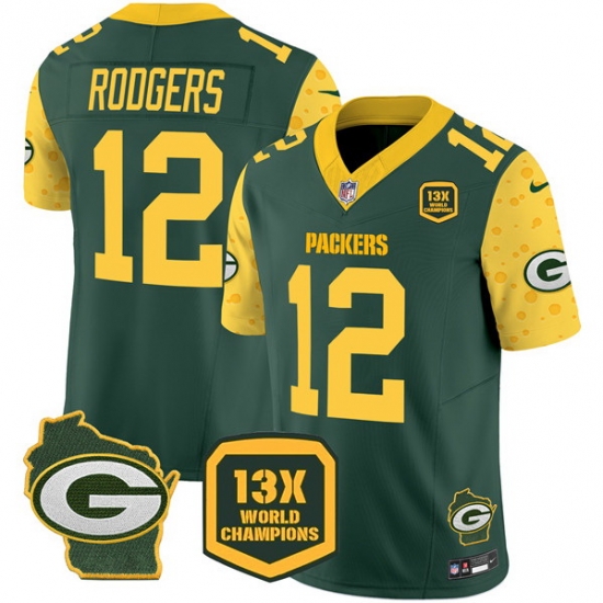 Men Green Bay Packers 12 Aaron Rodgers Cheese Green 2024 F U S E 13 Time World Champions And Home Patch Vapor Untouchable Limited Stitched Football Jersey Men Green Bay Packers 12 Aaron Rodgers Cheese Green 2024 F U S E 13 Time World Champions And Home Patch Vapor Untouchable Limited Stitched Football Jersey